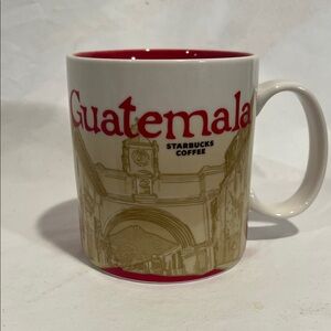 Starbucks Guatemala White Mug with Red Interior and Gold Artwork